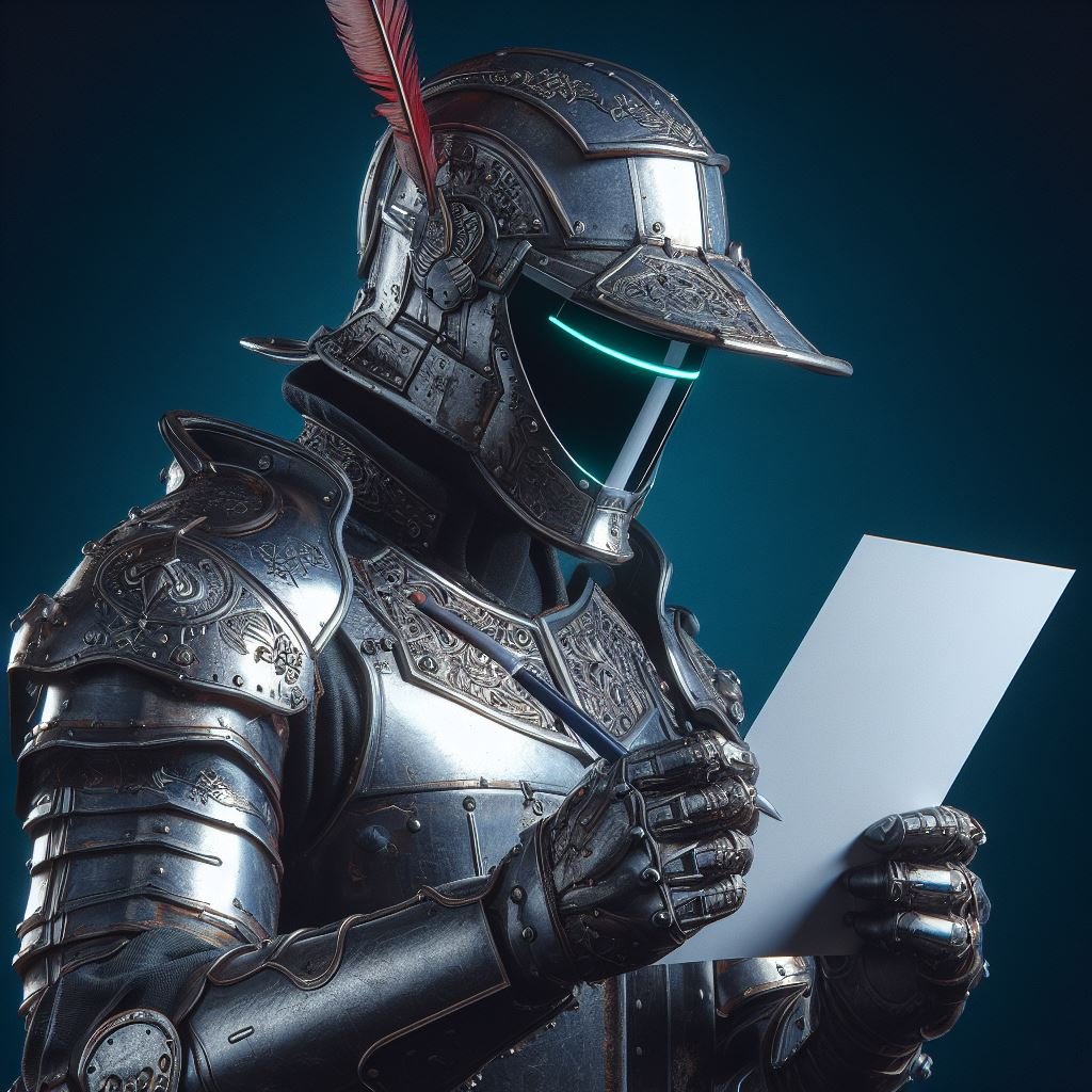 Cyberpunk conquistador taking an exam