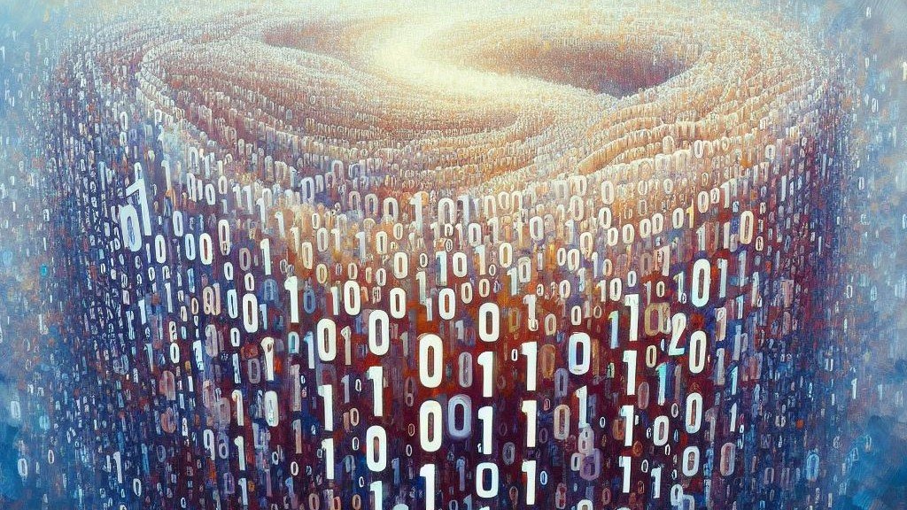 AI-generated image of binary digits forming into vast groups